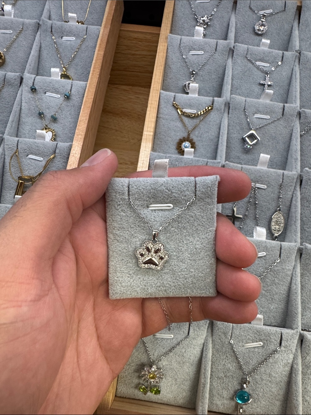 Sterling Silver Paw Print Pendant Necklace - White Crystal Paw Charm